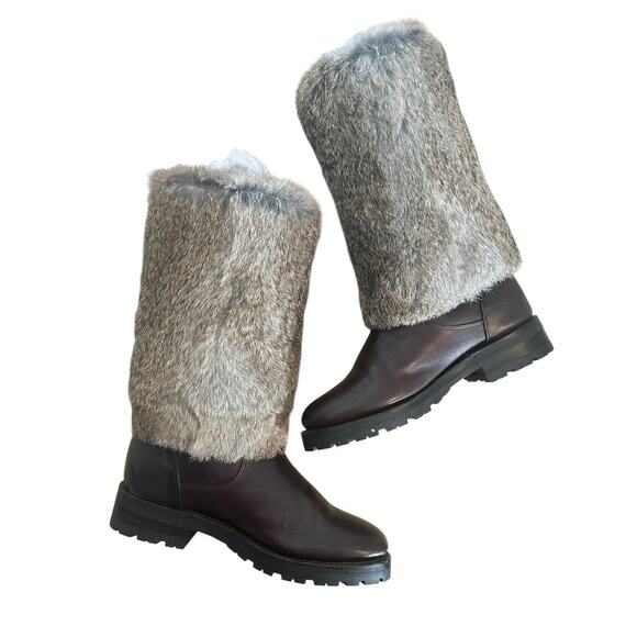 Frye Vintage Natalie Rabbit Fur Cuffed Burgundy Leather Boots 7.5 - Picture 10 of 12